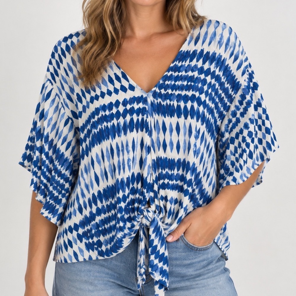 Lovestitch Blue White Boho Blouse Womens S Rayon Tie Front Kimono Sleeve Resort